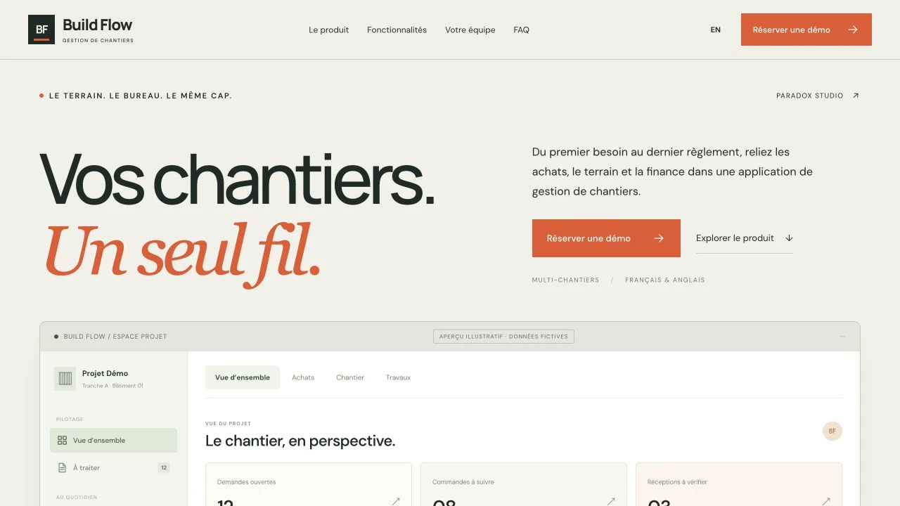 Page d’accueil du site Build Flow : présentation du produit et aperçu illustratif avec données fictives